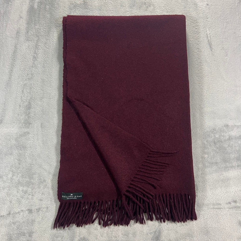 Philippe Le Bac Scarf Unisex OS Burgundy 100%Cashmere Fringe Shawl Wrap Soft Red
